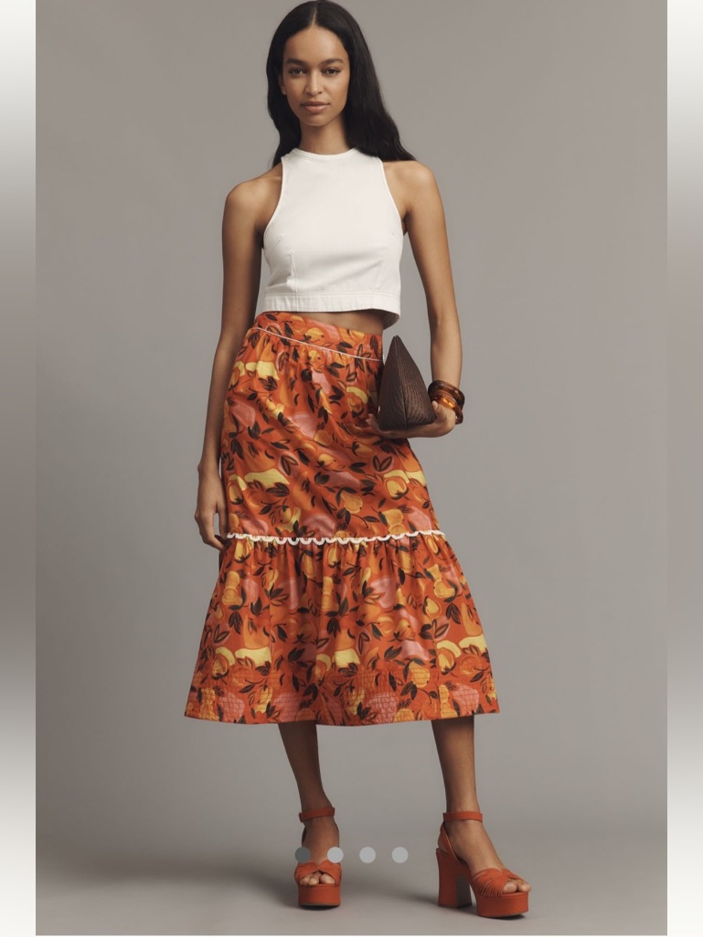 Farm Rio Tiered Flare-Hem Printed Midi Skirt